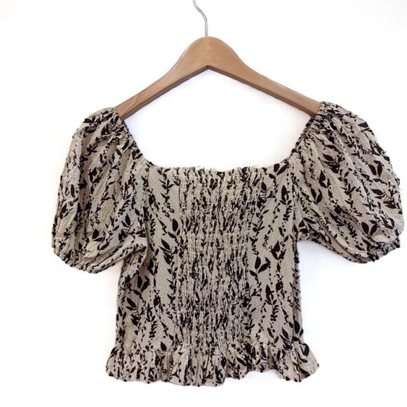 NWT J.ING Jing Beige Leaf Print Puff Sleeve Bow Detail Blouse Crop Top - Picture 4 of 11